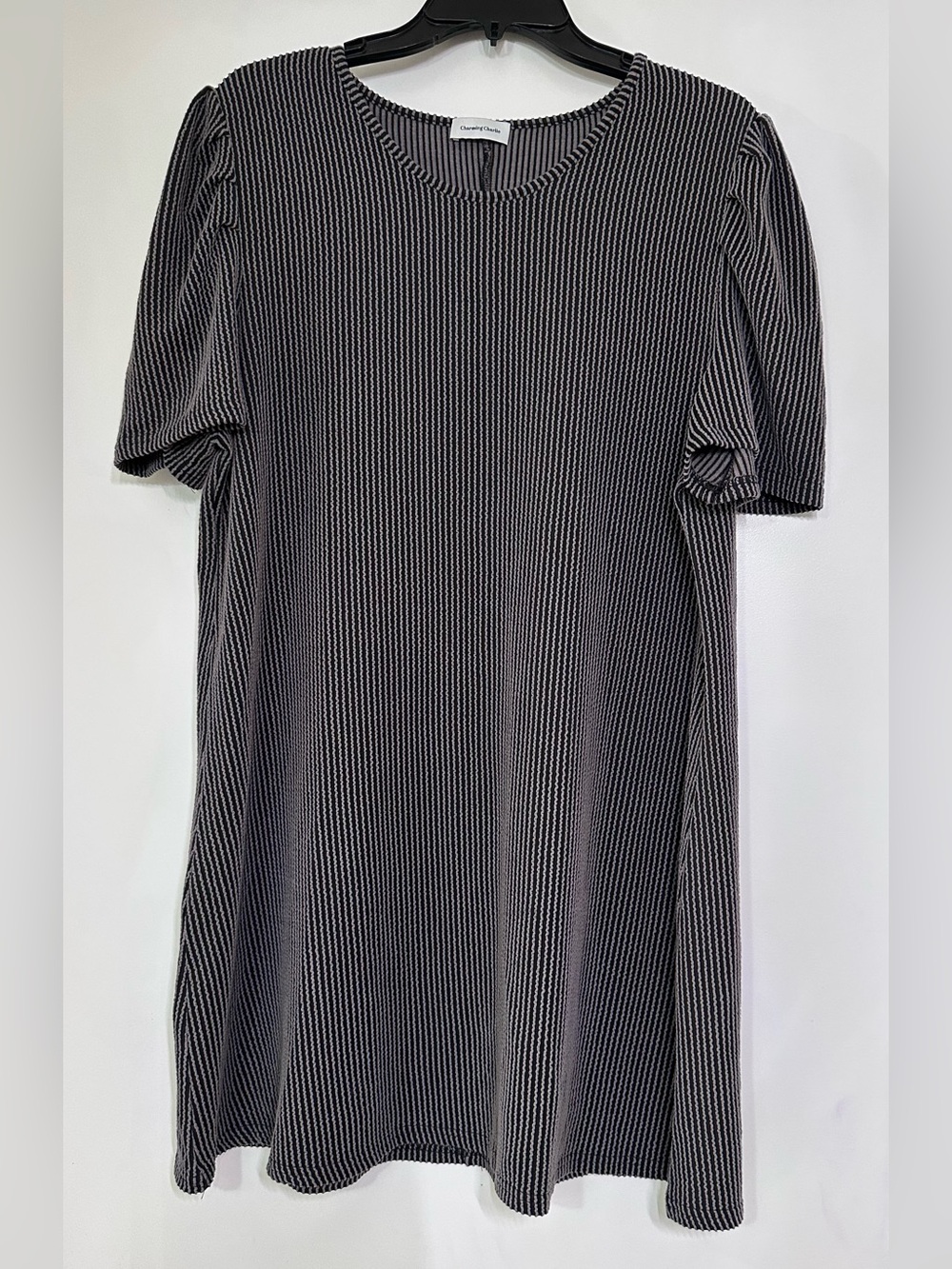 Charming Charlie Black and White Rib-Knit Puff Sleeve Dress